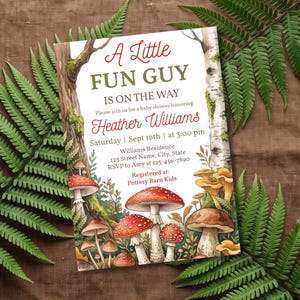 May include: A rectangular baby shower invitation card featuring a woodland theme with birch tree borders and various illustrated mushrooms. The text reads: A Little FUN GUY IS ON THE WAY, Please join us for a baby shower honoring Heather Williams, Saturday | Sept 16th | at 3:00 pm, Williams Residence, 123 Street Name, City, State, RSVP to Amy at 123-456-7890, Registered at: Pottery Barn Kids.