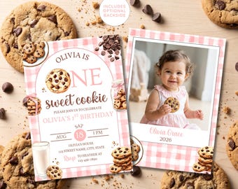 One Sweet Cookie 1st Birthday Invitation for Girl, Milk and Cookies, Cookie Theme Party Invite, Canva Template with Photo, Digital Download