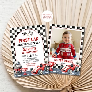 May include: Two rectangular birthday invitation cards featuring a black and white checkered border. The left card displays text including FIRST LAP AROUND THE TRACK, OLIVER'S 1ST BIRTHDAY, and event details. The right card features a photo of a child.