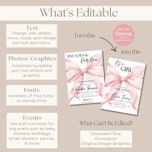 May include: A digital template for a baby shower invitation featuring a large, soft pink watercolor bow. The graphic includes text such as What's Editable, Tiny Toes & Pretty Bows, It's a Girl, and What Can't Be Edited, explaining customization options for text, photos, and fonts in Canva.