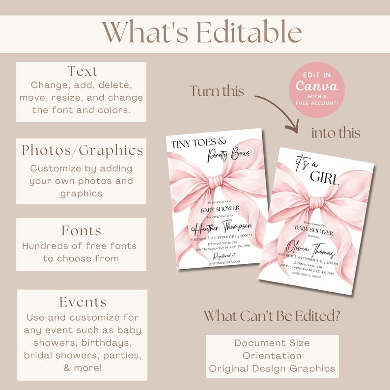 May include: A digital template for a baby shower invitation featuring a large, soft pink watercolor bow. The graphic includes text such as What's Editable, Tiny Toes & Pretty Bows, It's a Girl, and What Can't Be Edited, explaining customization options for text, photos, and fonts in Canva.
