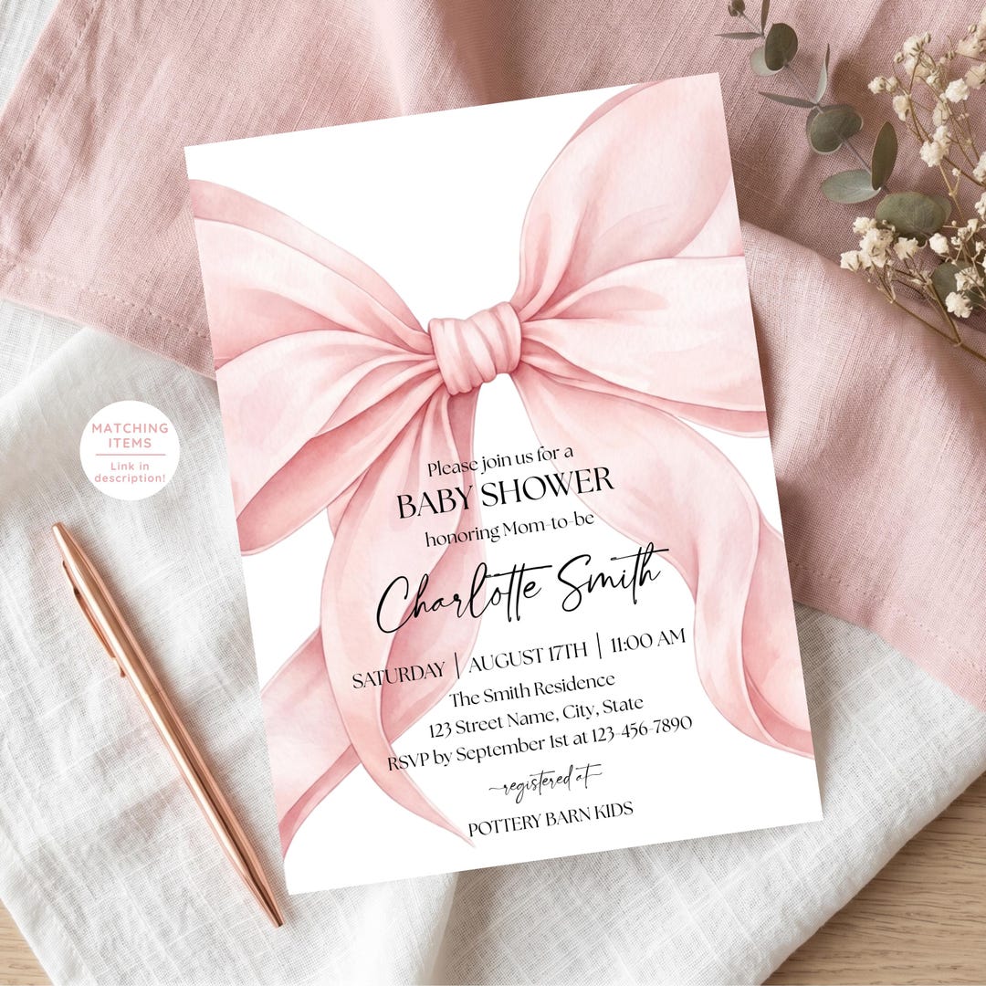 Pink Bow Baby Shower Invitation, Modern Blush Pink Elegant Coquette ...