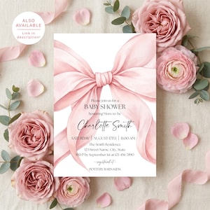 May include: A rectangular baby shower invitation card featuring a large, soft pink watercolor bow illustration. The text reads: Please join us for a BABY SHOWER honoring Mom-to-be Charlotte Smith, Saturday, August 17th, 11:00 AM, The Smith Residence, 123 Street Name, City, State, RSVP by September 1st at 123-456-7890, registered at POTTERY BARN KIDS.