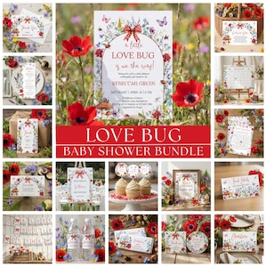 May include: A collection of baby shower stationery with a "Love Bug" theme. The set includes invitations, thank you cards, cupcake toppers, and more. Designs feature red poppies, butterflies, and the text "a little love bug is on the way!"