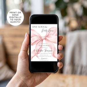 Pink Bow Baby Shower Invitation, Coquette Baby Girl Shower Invite, Tiny Toes and Pretty Bows, Editable Canva Template, Digital Download TTP image 2