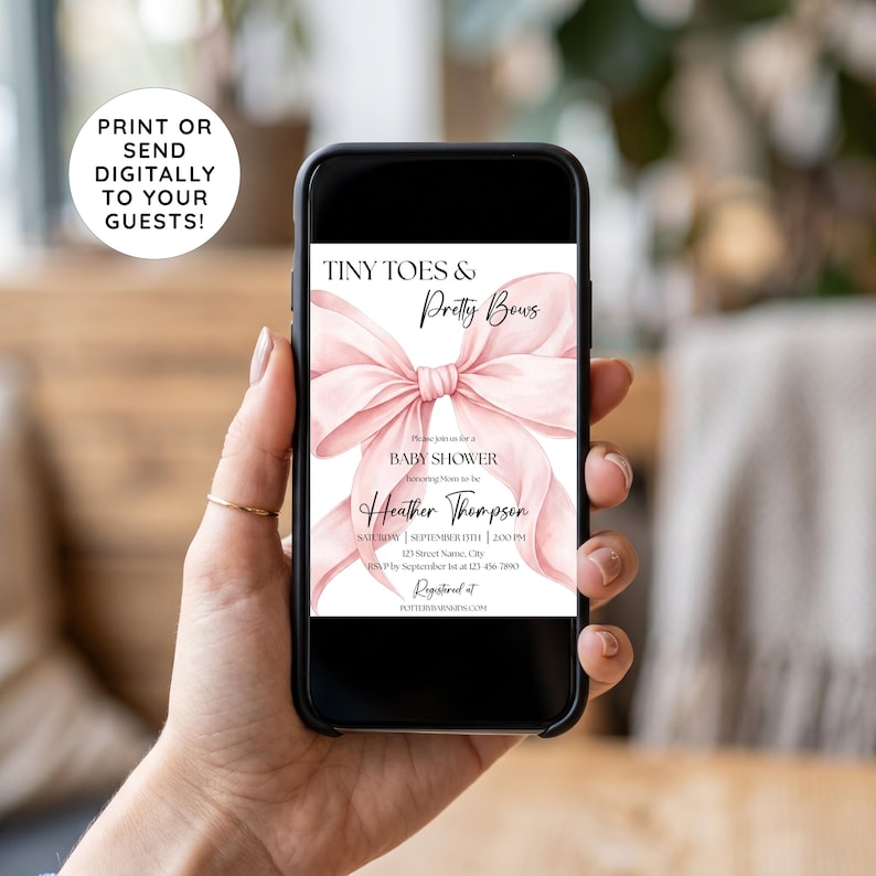 Pink Bow Baby Shower Invitation, Coquette Baby Girl Shower Invite, Tiny Toes and Pretty Bows, Editable Canva Template, Digital Download TTP image 2