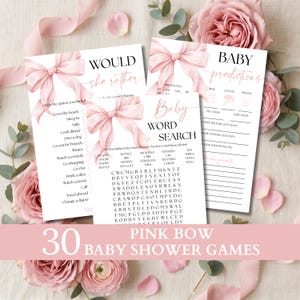 May include: Three white paper baby shower game cards featuring pink bow illustrations and black text. The cards include Would She Rather, Baby Predictions, and Baby Word Search with various prompts and a grid of letters for the word search activity.