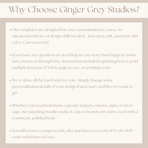 May include: A beige informational graphic titled Why Choose Ginger Grey Studios? featuring five bullet points explaining that templates are customizable in Canva, support is available via Etsy, printing instructions for 8.5x11 in. pages are included, and a 10% discount code is provided.