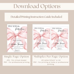 May include: A digital baby shower invitation template featuring a large watercolor-style pink bow. The text reads Tiny Toes & Pretty Bows, Baby Shower, honoring Heather Thompson, with date, time, location, and registry details. Includes single and multiple per page layout options for 8.5x11 inch paper.