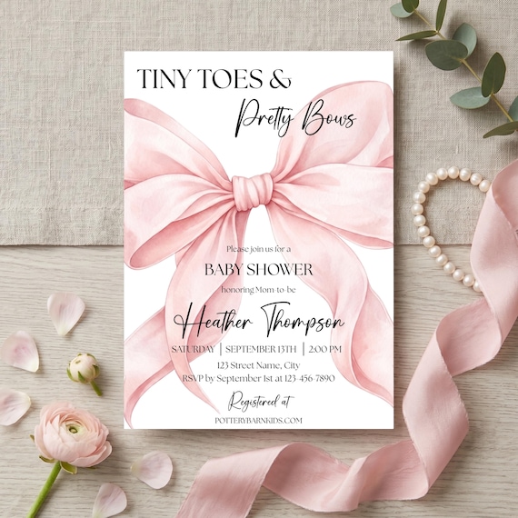 Pink Bow Baby Shower Invitation, Coquette Baby Girl Shower Invite, Tiny Toes and Pretty Bows, Editable Canva Template, Digital Download TTP