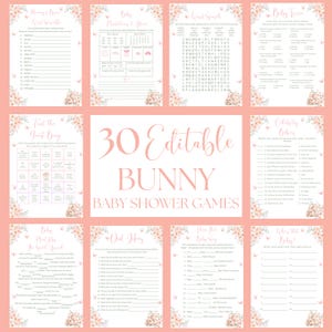 Può includere: Una collezione di 30 giochi modificabili per baby shower a tema coniglietto. I giochi sono stampati su carta rosa con accenti floreali e farfalle. I titoli includono "Mommy's Brain", "Baby Predictions" e "Word Search".