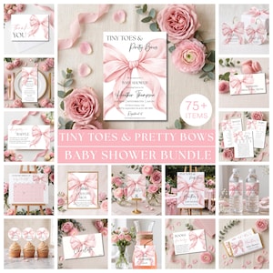 Puede incluir: Un conjunto de papelería para baby shower con un diseño de lazo en acuarela rosa. La colección incluye invitaciones, menús, carteles, etiquetas y tarjetas de juego con texto como Tiny Toes & Pretty Bows, Thank You y Diaper Raffle.