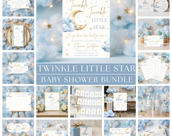 May include: A baby shower stationery bundle featuring a Twinkle Twinkle Little Star theme with gold crescent moons, blue clouds, and gold stars. The set includes invitations, thank you cards, favour tags, food labels, signs, and banners.