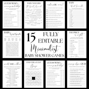 May include: A set of 15 fully editable minimalist baby shower games, including word searches, bingo, and quizzes. The games are printed on white paper with black text, ideal for a baby shower.