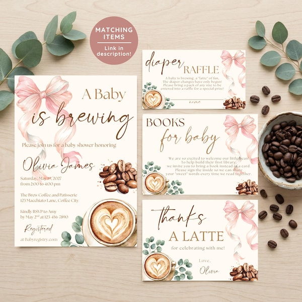 Baby is Brewing Baby Shower Invitation Bundle, Coffee Theme Party Invite Set, Heart Latte Cafe Bebe Pink Coquette Bow (Digital Download) BBP