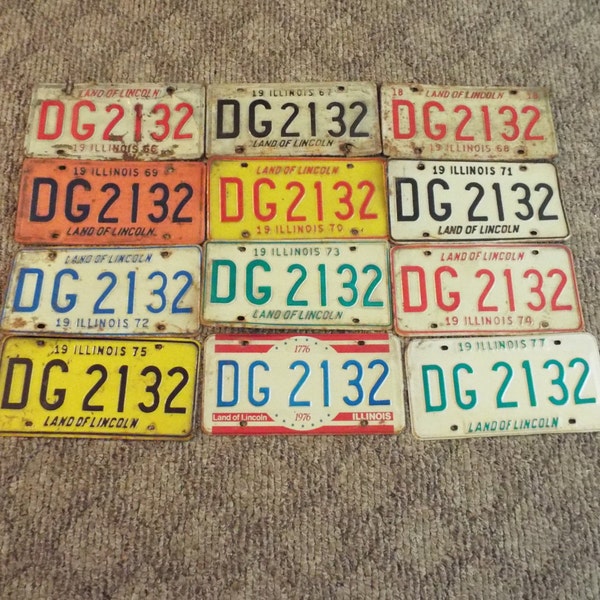 Lot of 12 Vintage ILLINOIS License Plates 1966 to 1977 - All 12 Plates for the price listed!!!