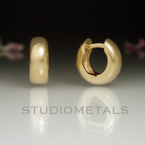 Wide Chunky Huggie Earrings: Solid 14K or 18K Gold, Round, Domed 13mm Hoops
