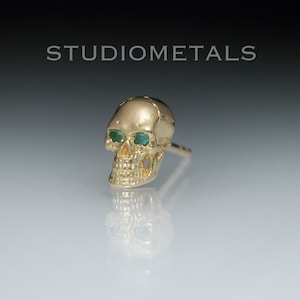 Gemstone Eye Gold Skull Single Earring: 14K/18K, Emerald, Ruby, Sapphire
