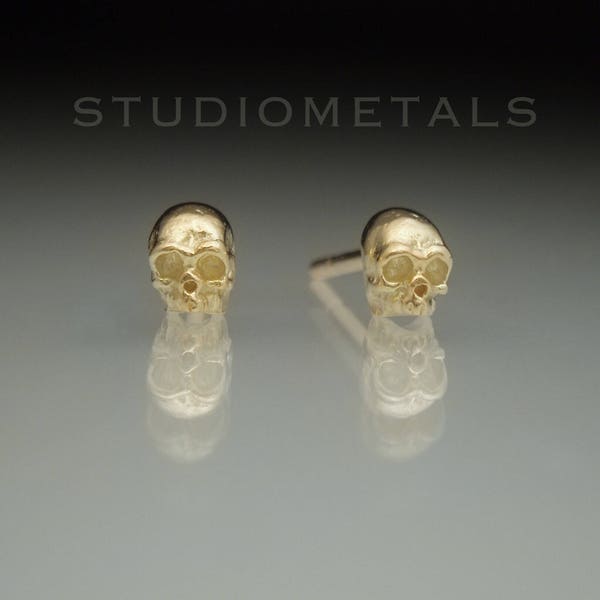 Small Gold Skull Earrings, Tiny Studs, Solid 14K Half Skulls