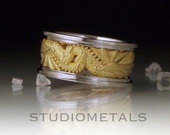 Twin Dragon 18K Wedding Ring, Solid Gold Men’s Custom Designed Wedding Band, Custom Made, 10mm Wide Gold Band Ring, Winged, Wyvern Jewelry