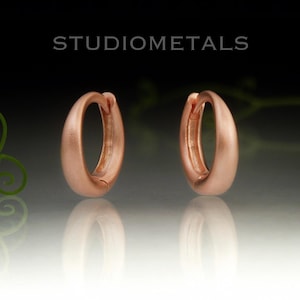 Matte Rose Gold 11mm Hoop Earrings, Tiny Tapered Oval Hoops, Solid 14K Huggies, Hinged Sleeper In Hoops, Leave In Earrings, Solid Rose Gold