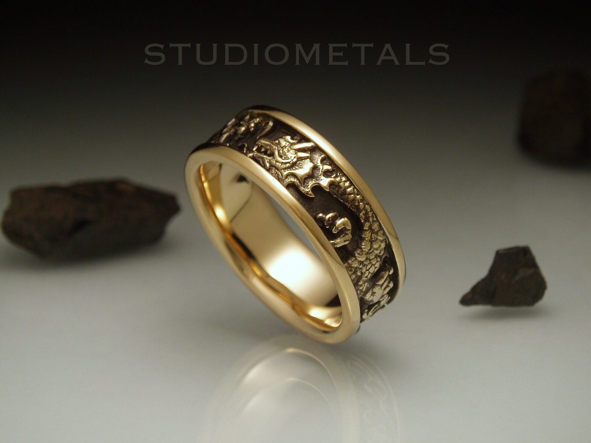 Solid Gold Dragon 7mm Wedding Band: Hand Carved Asian Dragon Ring