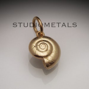 May include: A gold-colored seashell charm pendant with a detailed spiral design. The pendant is attached to a gold-colored loop.