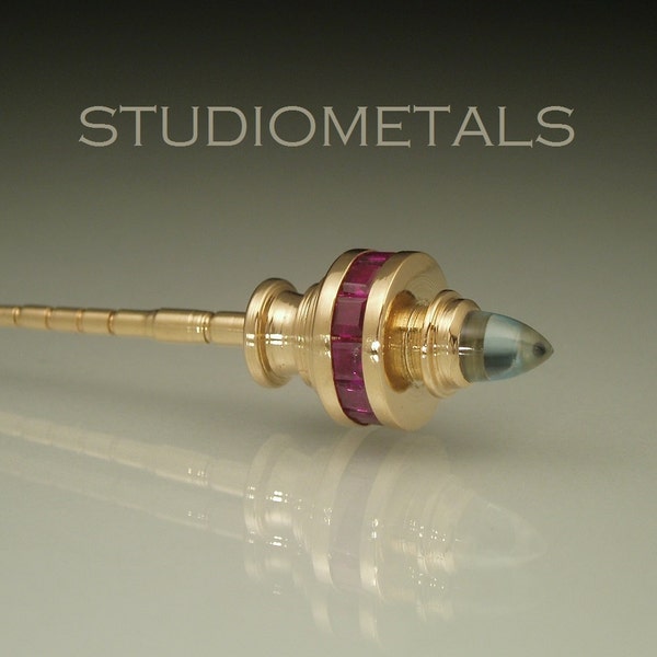 3 Inch 14K Stick Pin with Ruby and Blue Topaz, Gold Lapel Pin, One Of A Kind Scarf or Hat Pin
