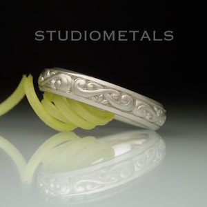 Hand Carved 14K Scroll Women&#39;s Wedding Band: Unplated White Gold 4mm Domed Ring