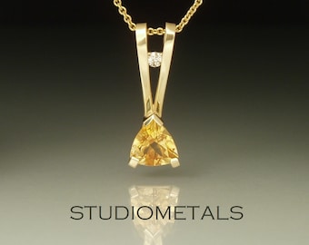 Citrine Diamond Pendant, Solid 14K Yellow Gold, Trillion Cut Gemstone, One of a Kind, Gift for Her, November Birthstone, Mothers Day Gift