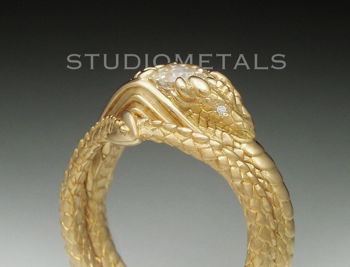 18K Dragon Engagement Ring and Wedding Band, Dragon Diamond Ring, Solid Yellow Gold, Womens Dragon Wedding Set, Old Mine Cushion Cut Diamond