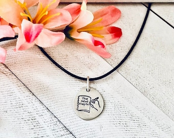 Writing "The Next Chapter" Necklace. Hand-stamped, original design--Graduation gift, Retirement gift, New Job gift