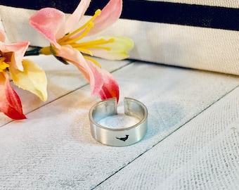 Tiny Narwhal Ring--Adjustable pewter hand-stamped, US size 7-9 Valentine's Day