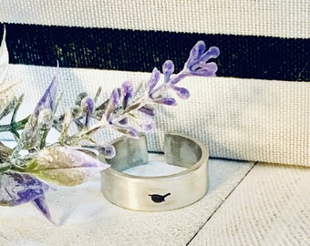 Tiny wren ring--pewter, adjustable size 7-9, hand stamped