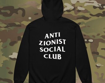 Anti Zionist Social Club Unisex Zip- up Hooded Sweatshirt Multiple Colors, free Palestine, Watermelon, Ceasefire Now, Stop the Genocide