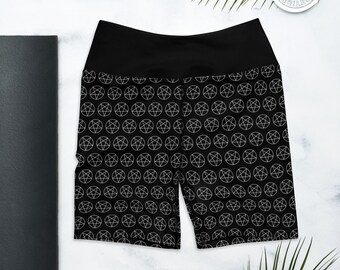 Satanic Star Womens Yoga Shorts, Halloween Devil leggings Satan pants Lucifer pants 666 Wiccan Occult Halloween gift spooky scary leggings
