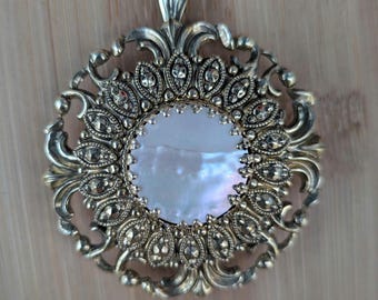 vintage made in Germany brooch,gold tone filigree mother of pearl pendant