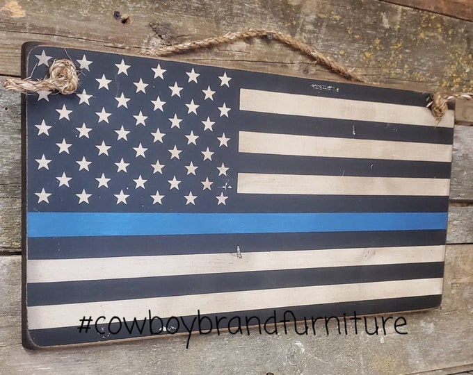 Thin Blue Line, Police Officer, Law Enforcement, Antiqued, Rustic, Wooden Sign
