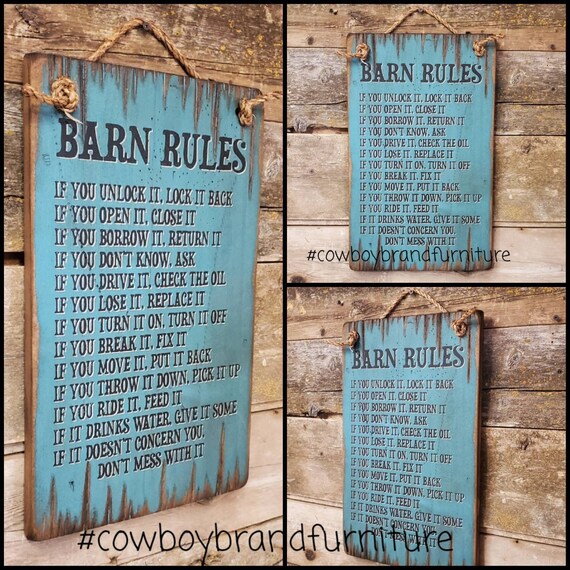 Barn Rules Rustic Western Antiqued Wooden Sign Etsy