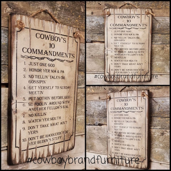 Cowboy's 10 Commandments, Western, Antiqued Wooden Sign