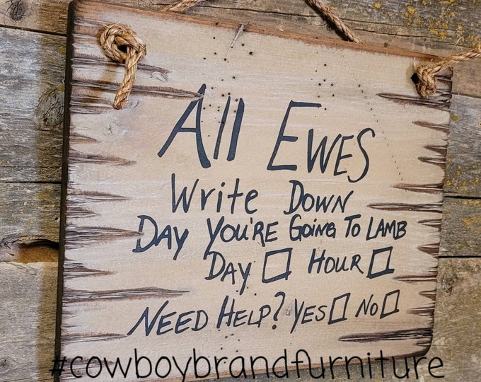 All Ewes Write Down Day You're Going To Lamb, Day, Hour… Need Help? Yes or No? Western, Antiqued, Wooden Sign in WHITE