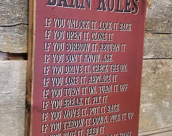 Barn Rules, Rustic, Antiqued, Vintage, Western, Wooden Barn Sign in BRICK RED