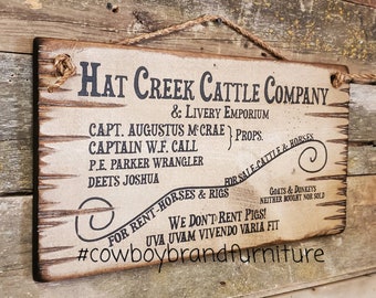 Hat Creek Cattle Company & Livery Emporium, Lonesome Dove Sign, Western, Antiqued, Wooden Sign