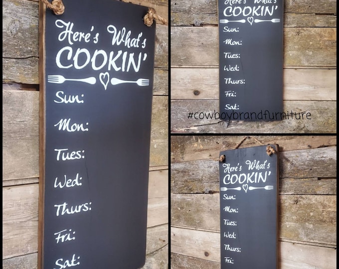 Rustic Weekly Chalkboard Menu, Here's What's Cookin', Western, Antiqued, Rustic, Wooden Sign
