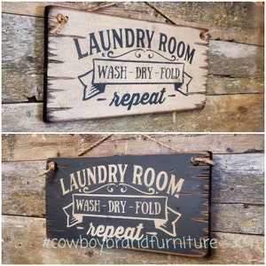 Laundry Room, Wash, Dry, Fold, Repeat, Rustic, Antiqued, Distressed, Wooden Sign, in White or Black