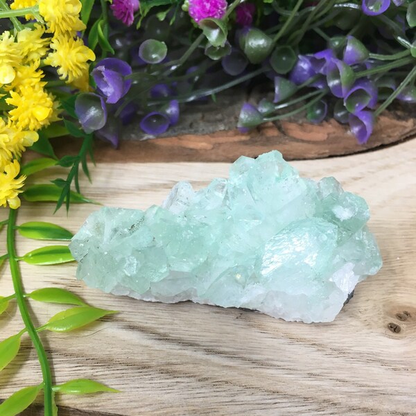 Natural Green Apophyllite Raw Crystal Cluster with rainbow