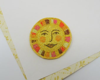 Embroidered sun brooch, sun pin, embroidery textile art.
