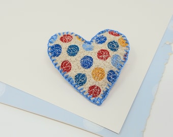 Embroidered dotty heart brooch, heart pin, embroidery textile art.