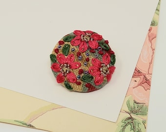 Tiny hand embroidered flower brooch, flower pin, embroidery textile art.