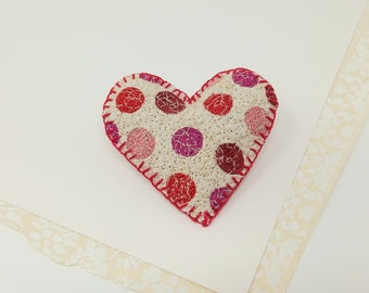 Embroidered dotty heart brooch, heart pin, embroidery textile art.